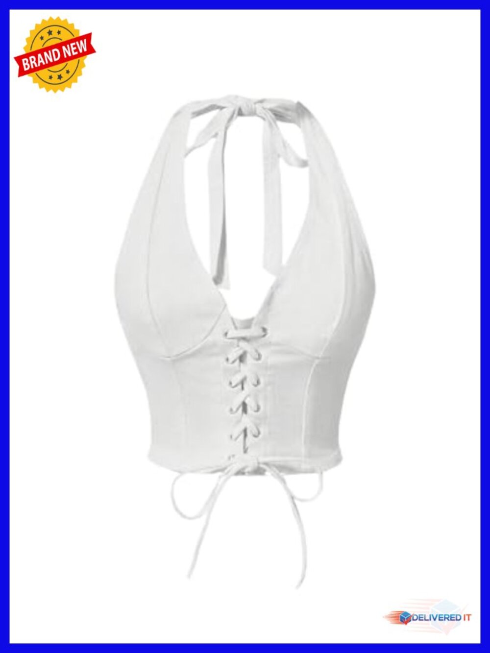 Y2K Halter V Neck Backless Denim Crop Top Lace Up Tie Back Smocked